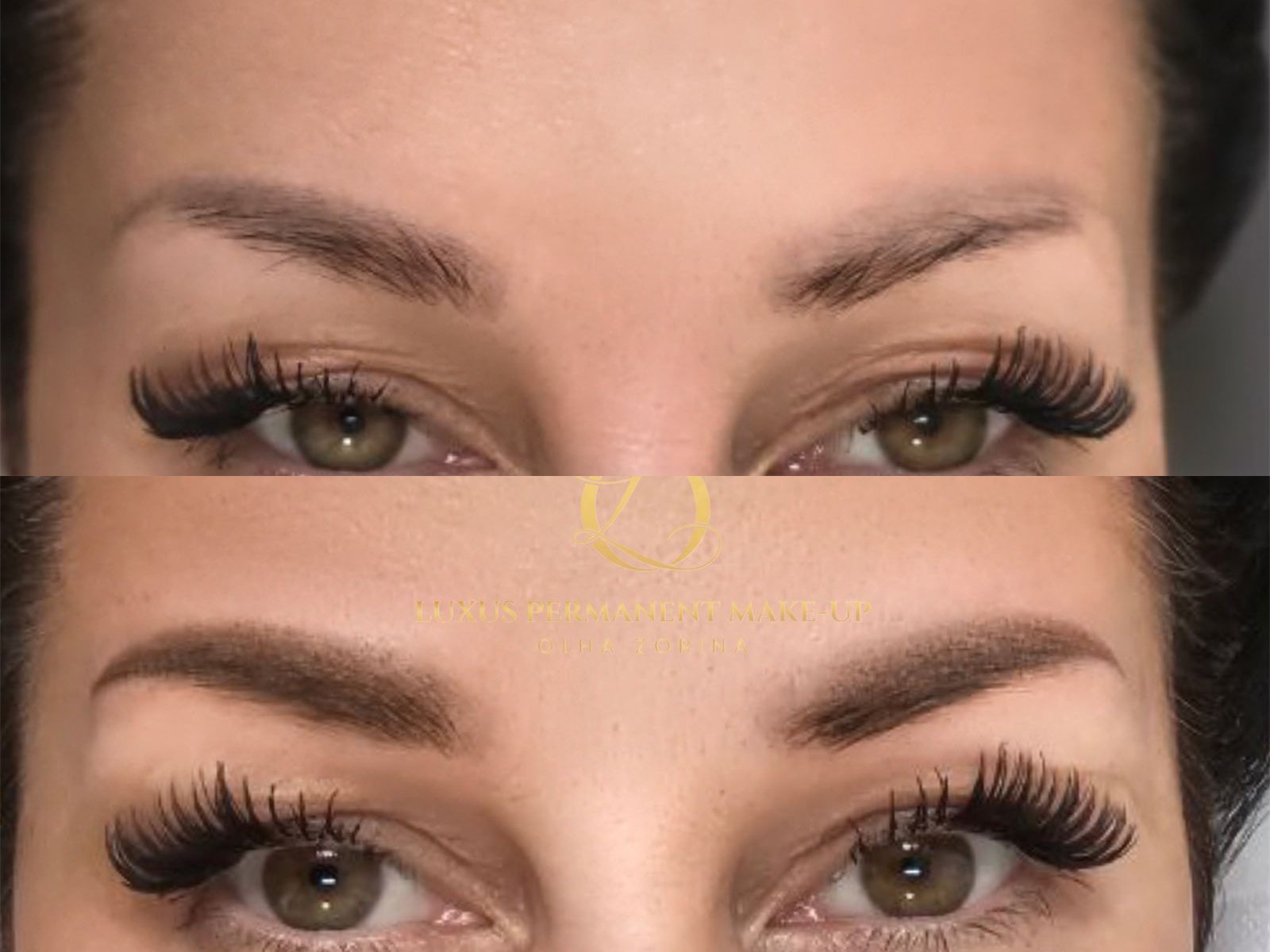 Vorher-Nachher: fleckige alte Brauen-Pigmentierung, korrigiert zu Powder Brows