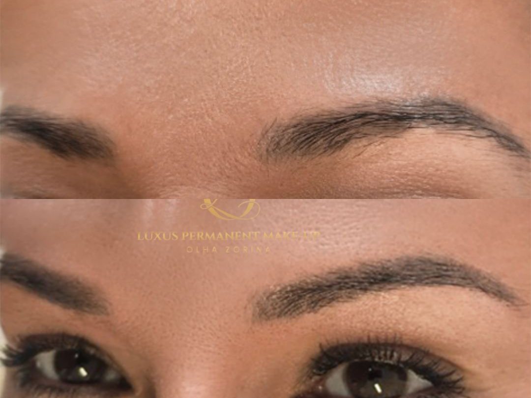 Vorher-Nachher: unregelmäßige Fremdarbeit zu definierten Powder Brows korrigiert