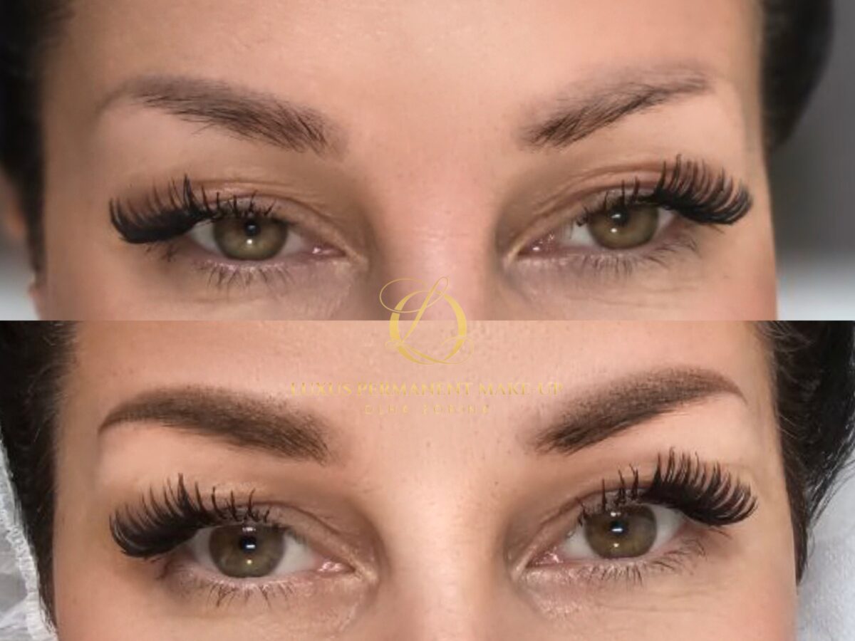 Vorher-Nachher: fleckige alte Brauen-Pigmentierung, korrigiert zu Powder Brows