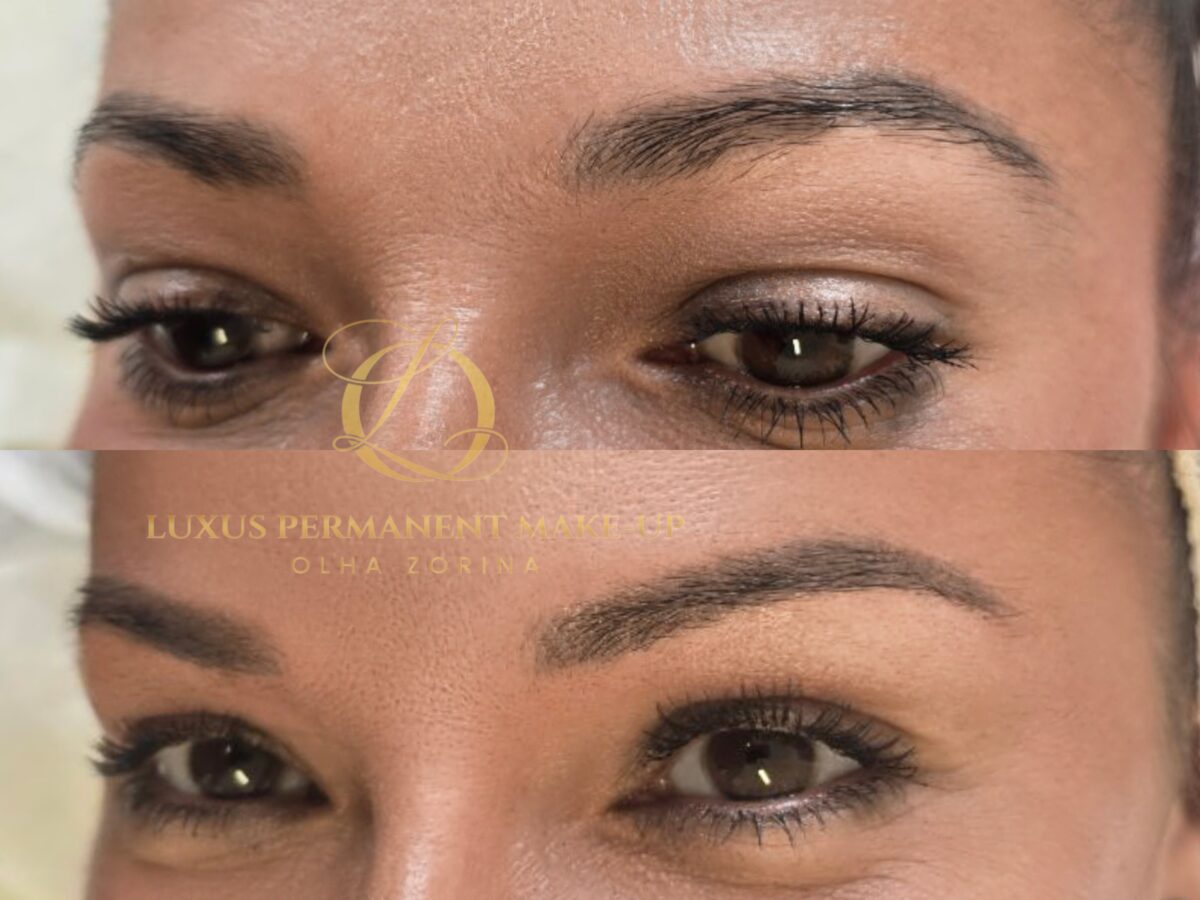 Vorher-Nachher: unregelmäßige Fremdarbeit zu definierten Powder Brows korrigiert